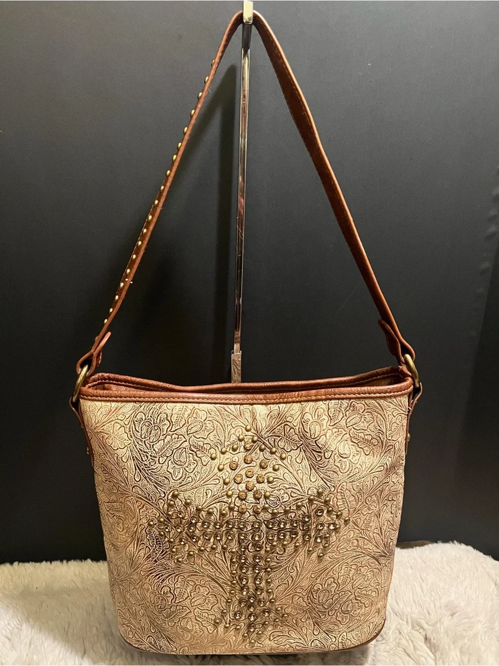 Montana West Tan and Cream Floral Embossed Western Shoulder Bag with Stud Cross